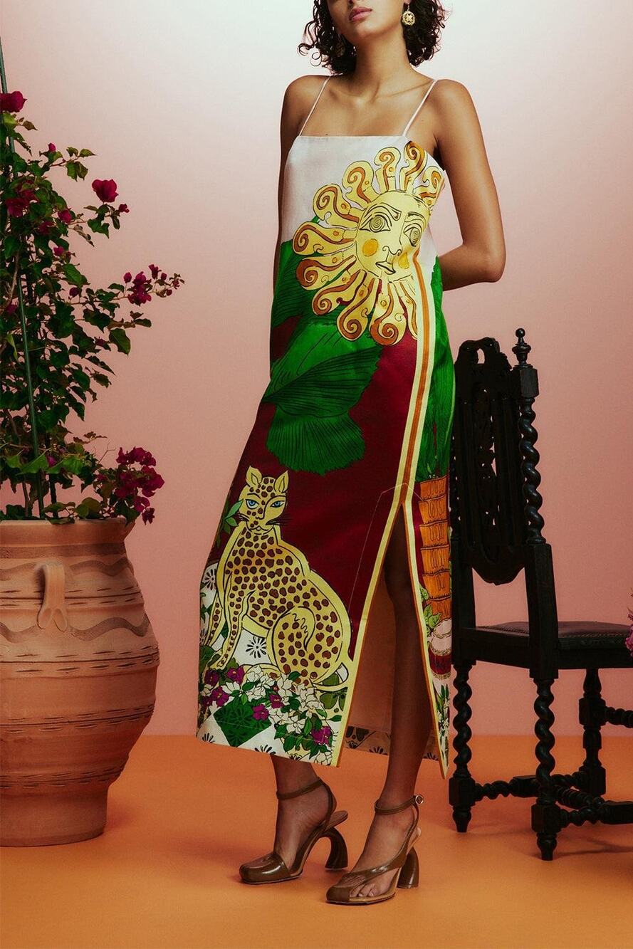 Alemais Multicolor Sun & Leopard Slip Dress (White, Green, Burgundy, Yellow)
